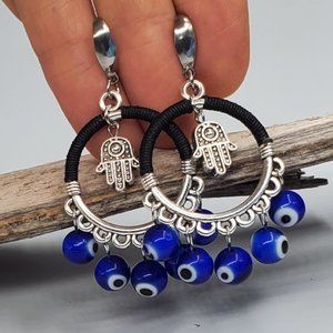 Hamsa Hand Evil Eye Glass Silver Earrings Quality hypoallergenic Hooks